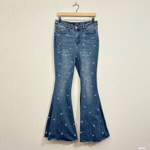 JUDY BLUE Super Flare Jeans Blue Denim Stars Embroidered Boho Retro